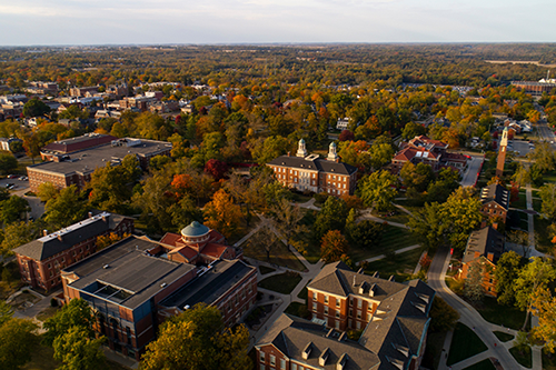 An aerial image of Miami University's Oxford campus during the fall.